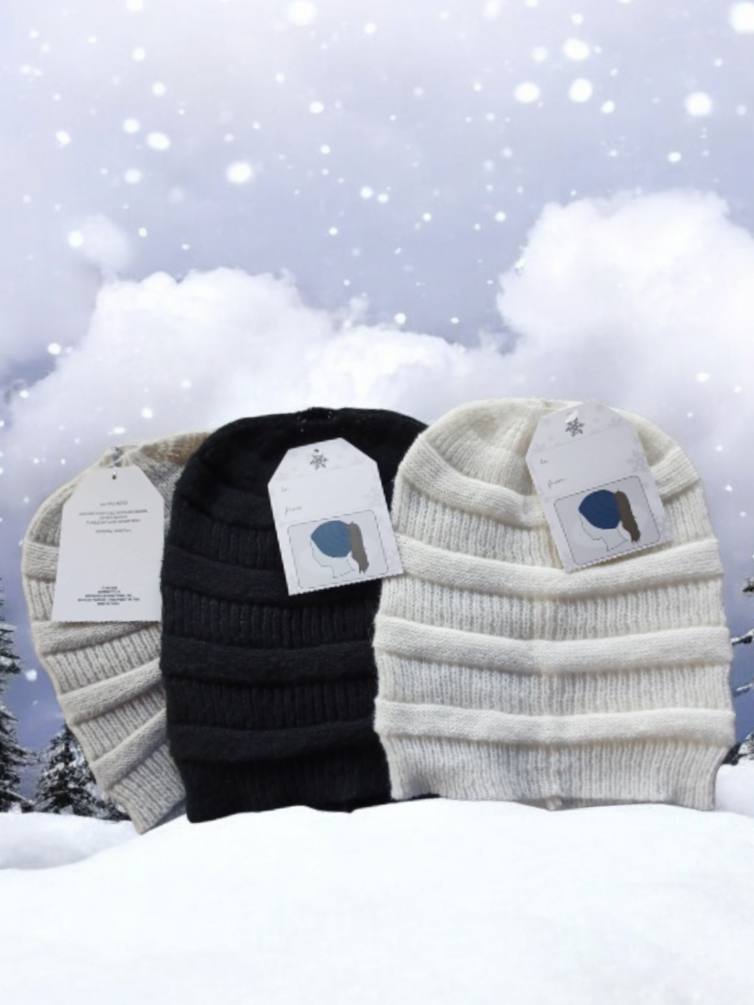 Ponytail hat by Snuggle with top open design in black, ivory, and beige, perfect for cold weather.