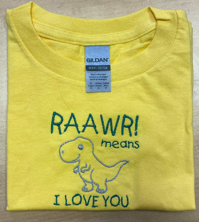 Yellow toddler tee with "RAAWR! Means I Love