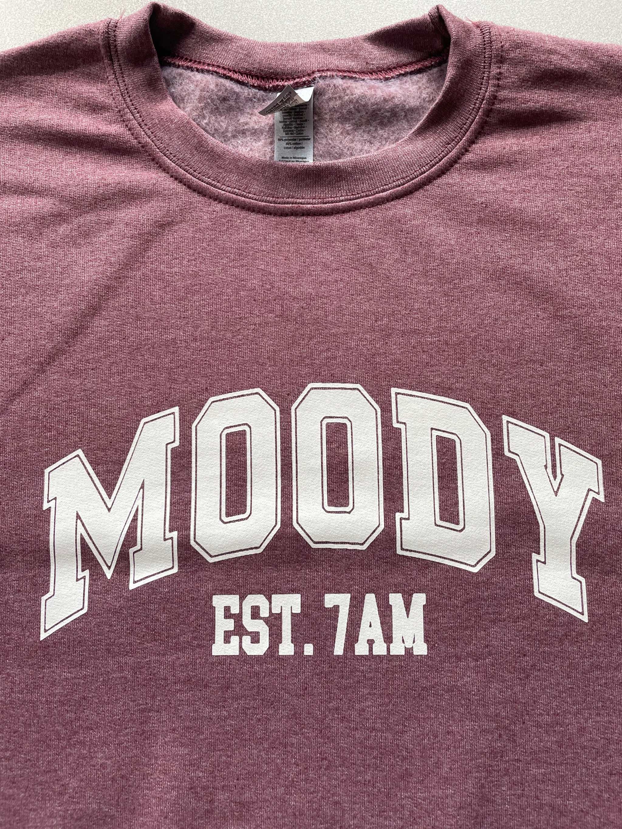 100% cotton "Moody" heather wine crewneck sweatshirt.