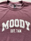 Heather wine crewneck sweatshirt with "Moody" printed on front, 100% cotton.