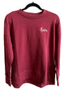 Deep red cotton sweater with love and heart embroidery on left chest.