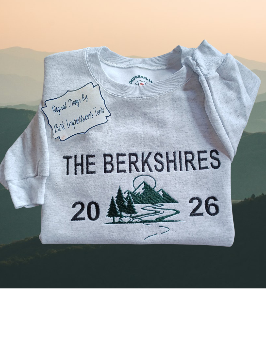 The Berkshires 2026 grey crewneck with embroidered Berkshire County design