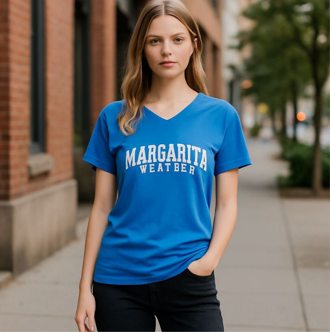 V-neck T Shirt-Royal Blue Margarita Short Sleeve Tee for a stylish summer look.