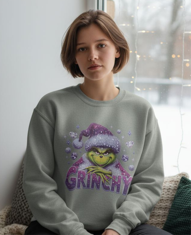 woman wearing grinchy green sweatshirt with festive Grinch design and purple lettering