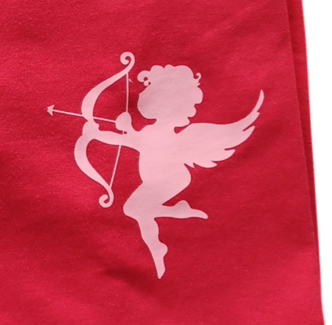 Red Valentine Cupid Teeshirt with pink cupid silhouette and bow design