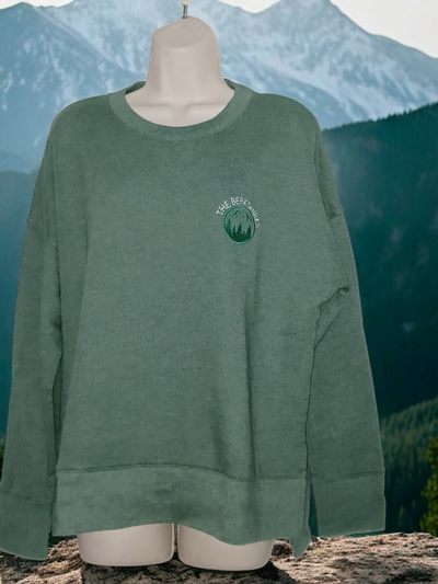 Embroidered stone green "The Berkshires" relaxed fit cotton sweater with landscape design.