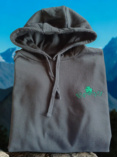 Shamrock & Vines Irish Hoodie with embroidered shamrock logo, showcasing Irish pride.