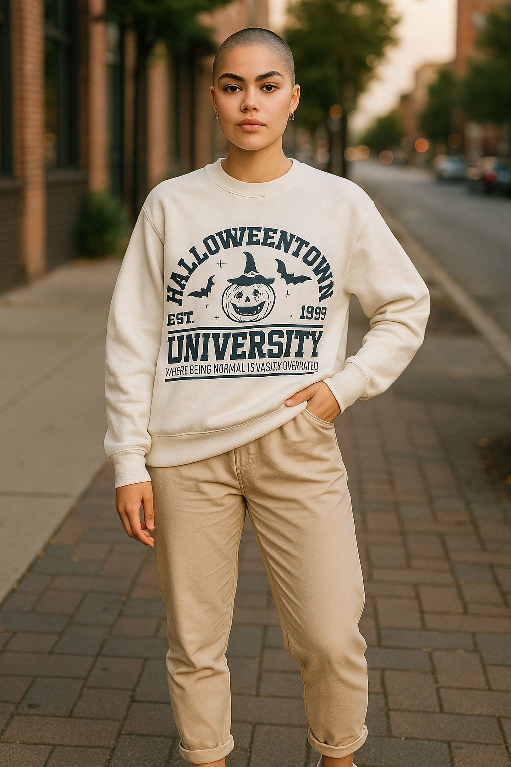 Person wearing a sand-colored Halloweentown University Crewneck with a spooky logo and text on the front, styled with beige pants on a city sidewalk.