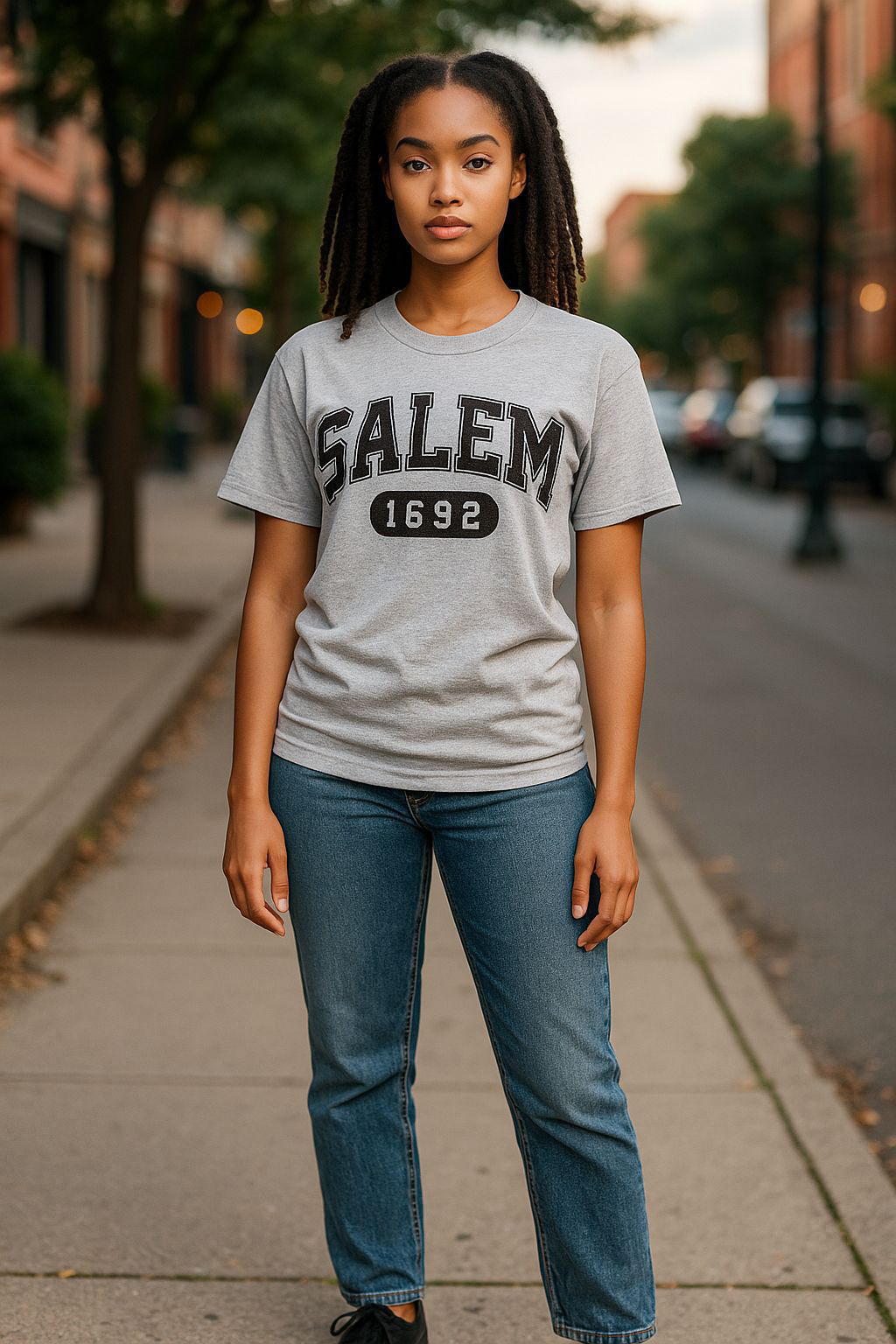 Woman wearing grey SALEM 1692 WITCHY TEE with bold Salem, Mass. lettering and 1692 print, paired with blue jeans.