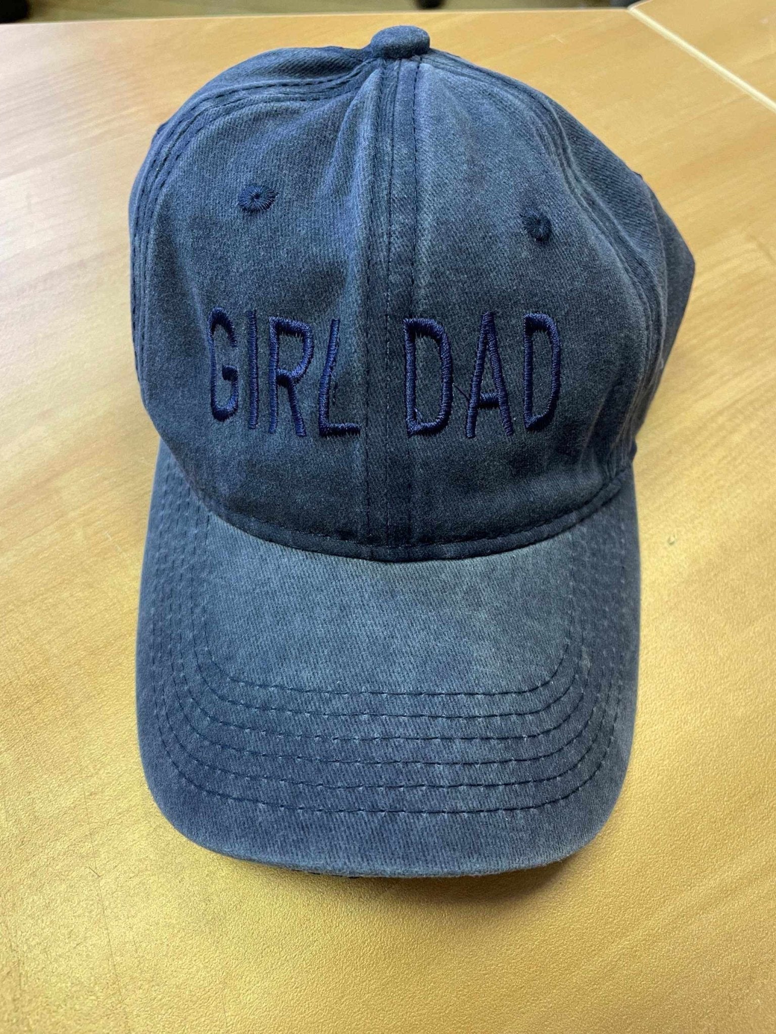 Navy blue "Girl Dad" baseball hat with adjustable strap, cotton brushed fabric perfect for Father's Day and holiday gifts.