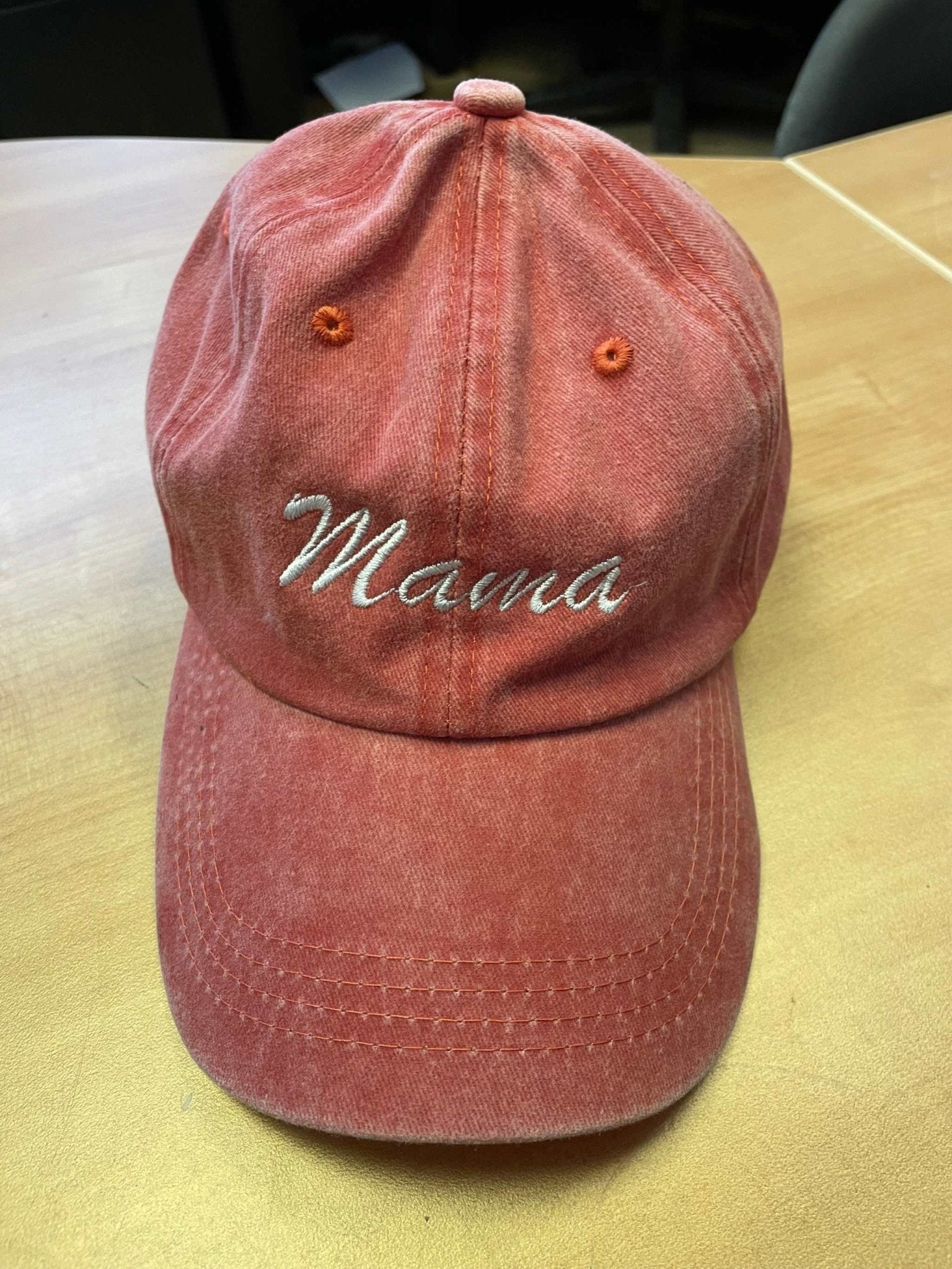 Dusty pink cotton baseball hat with white Mama embroidery and adjustable strap