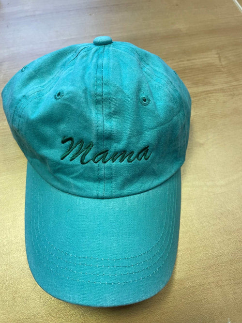 Teal cotton baseball hat with Mama embroidery and adjustable strap