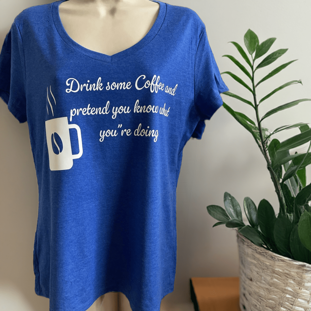 Blue cotton blend V-neck tee shirt with coffee quote and graphic