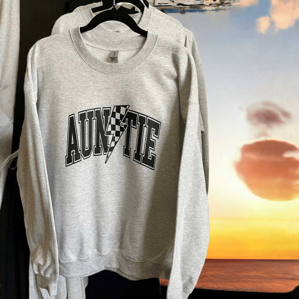 Grey Auntie Racing crewneck sweatshirt with checkered flag design, NASCAR gift idea