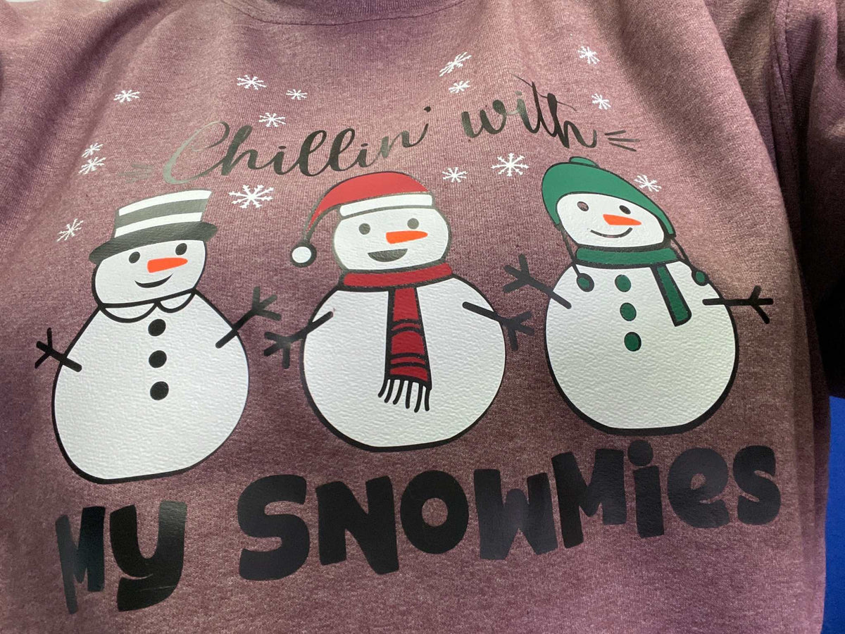 Maroon holiday crewneck sweatshirt with "Chillin' with My Snowmies" snowman design