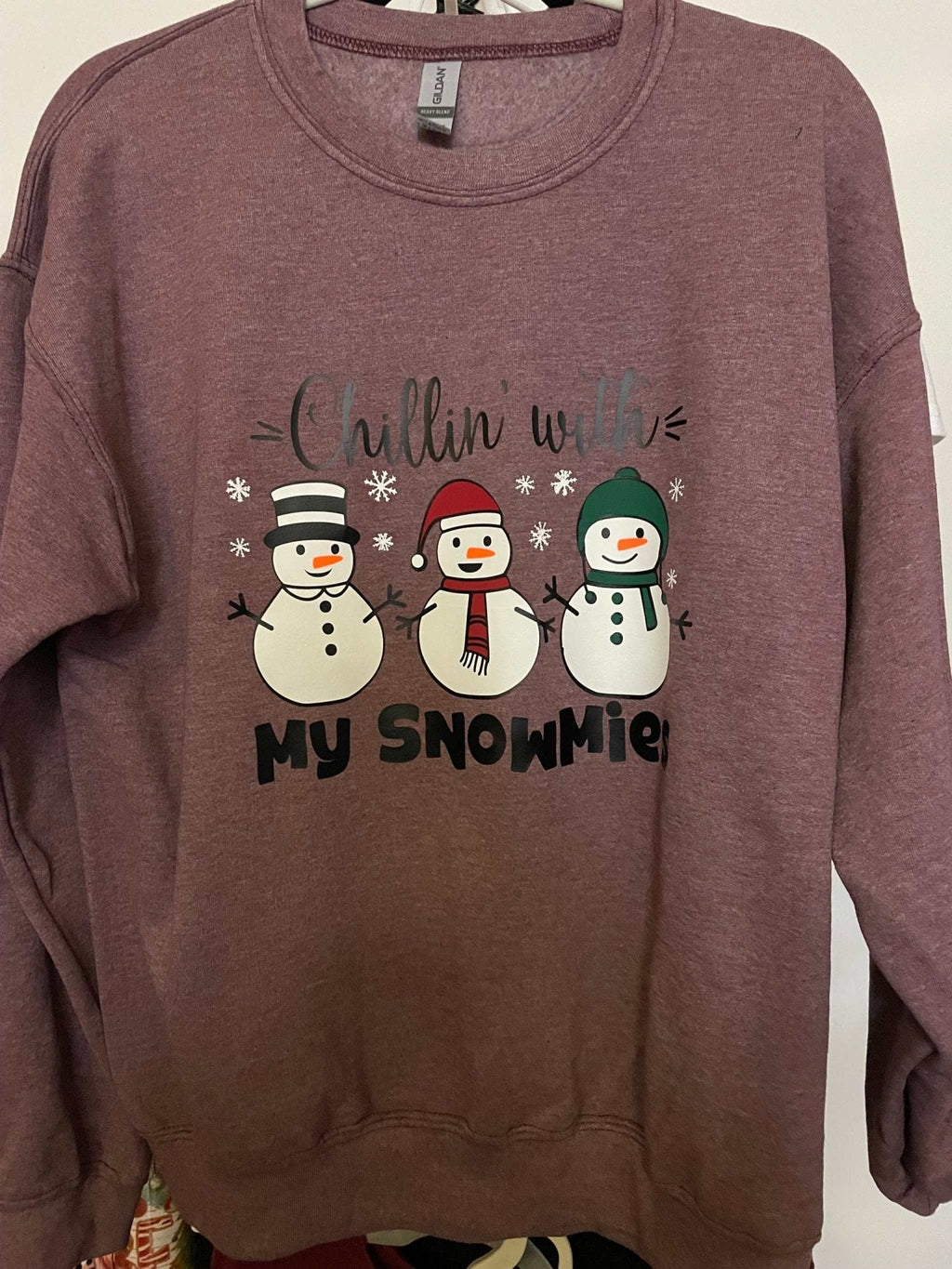 Maroon holiday crewneck sweatshirt with "Chillin with My Snowmies" snowman design