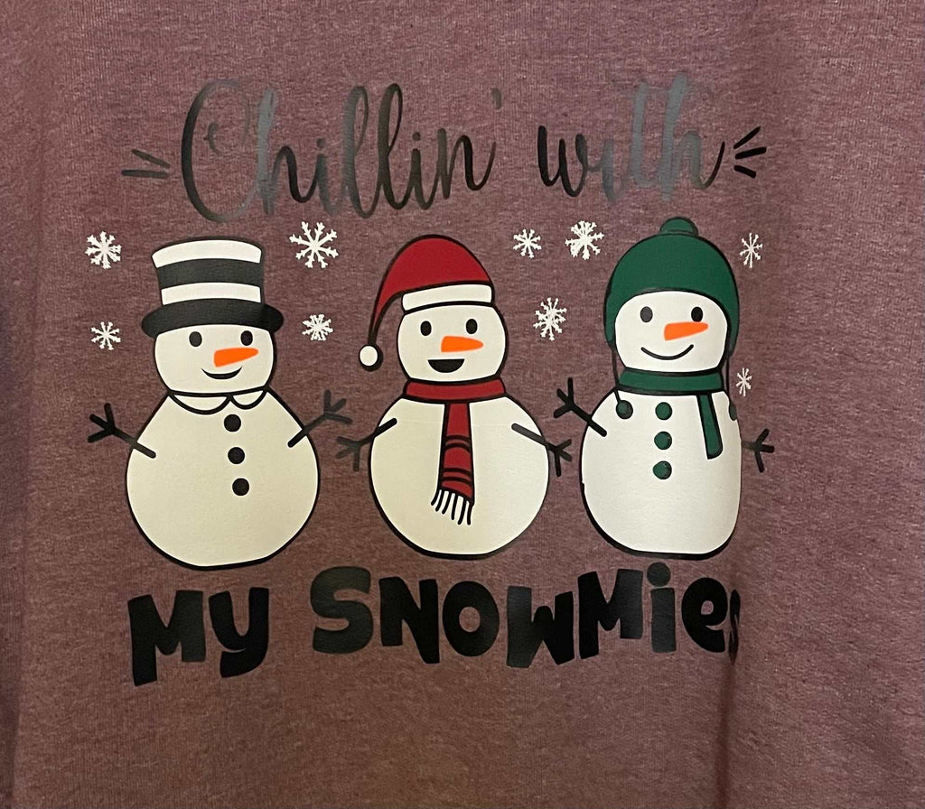 Heather maroon crewneck sweatshirt with festive snowmen and "Chillin' with My Snowmies" design