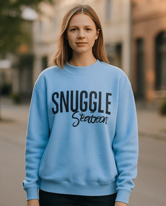 Woman wearing blue Snuggle Season Gildan cotton crewneck sweatshirt outdoors