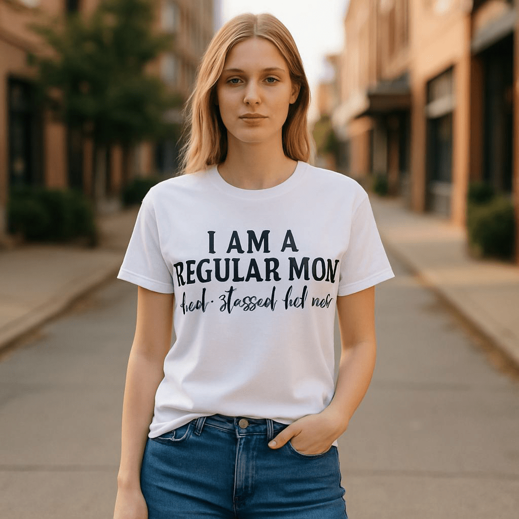 Woman wearing white custom t-shirt with "I am a Regular Mom, tired stressed hot mess" text
