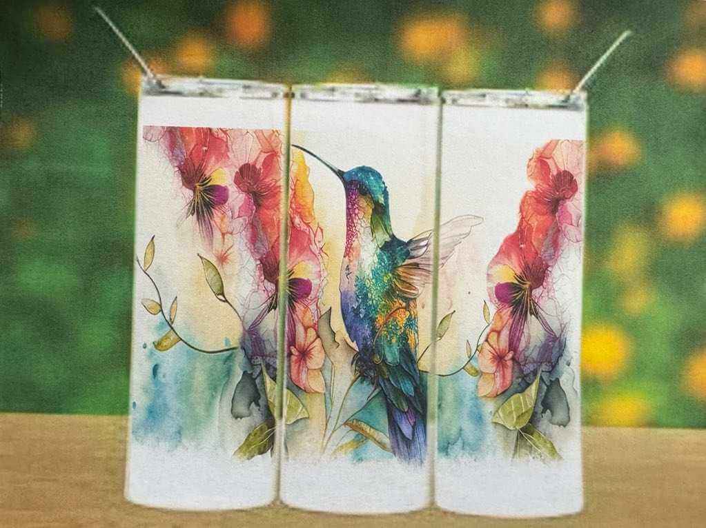 Double wall tumblers with colorful hummingbird and floral design, stainless steel insulated drinkware