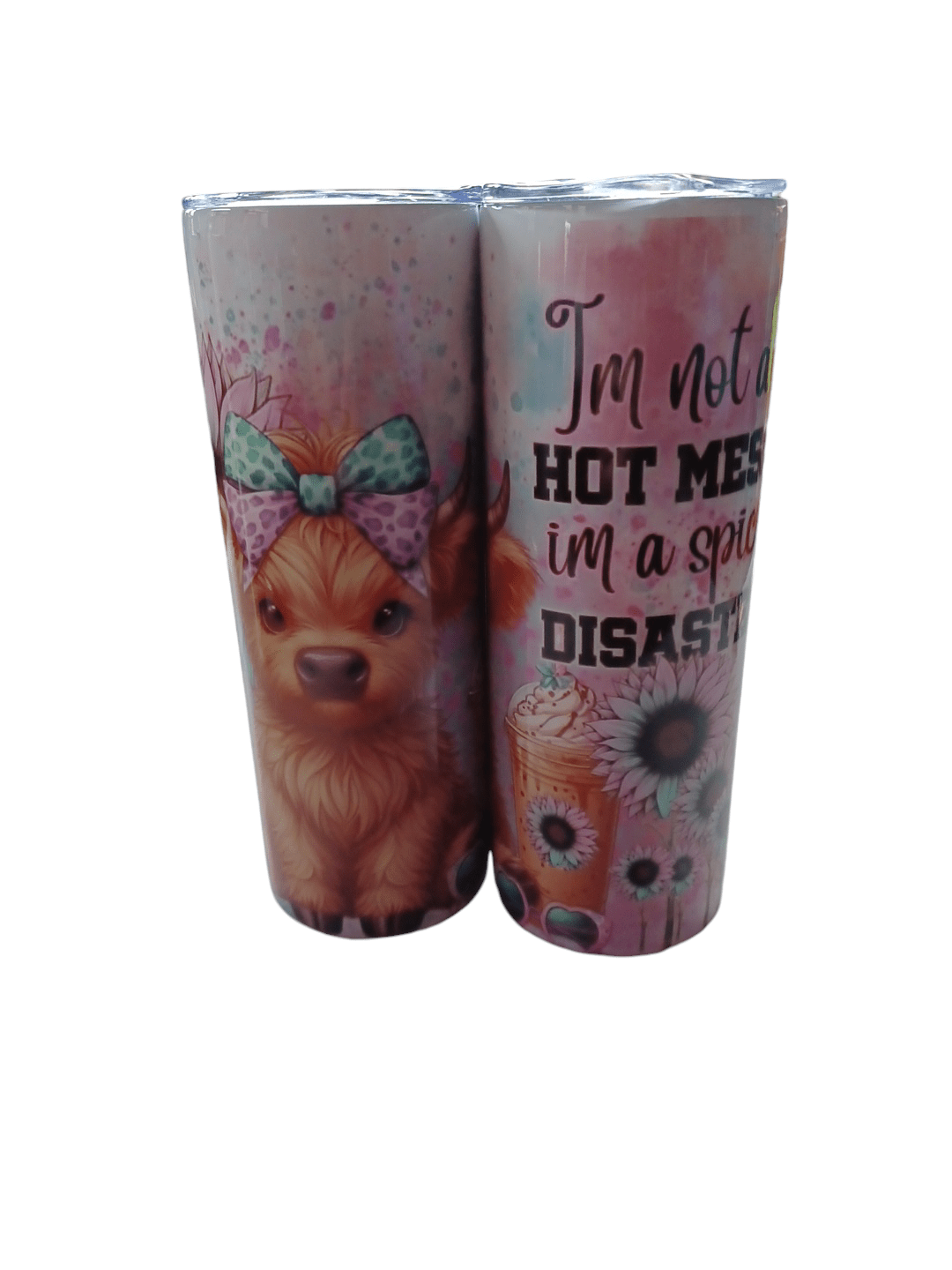 Double wall tumblers with colorful dog and sunflower designs, insulated stainless steel drinkware with leak-proof lids and temperature retention.