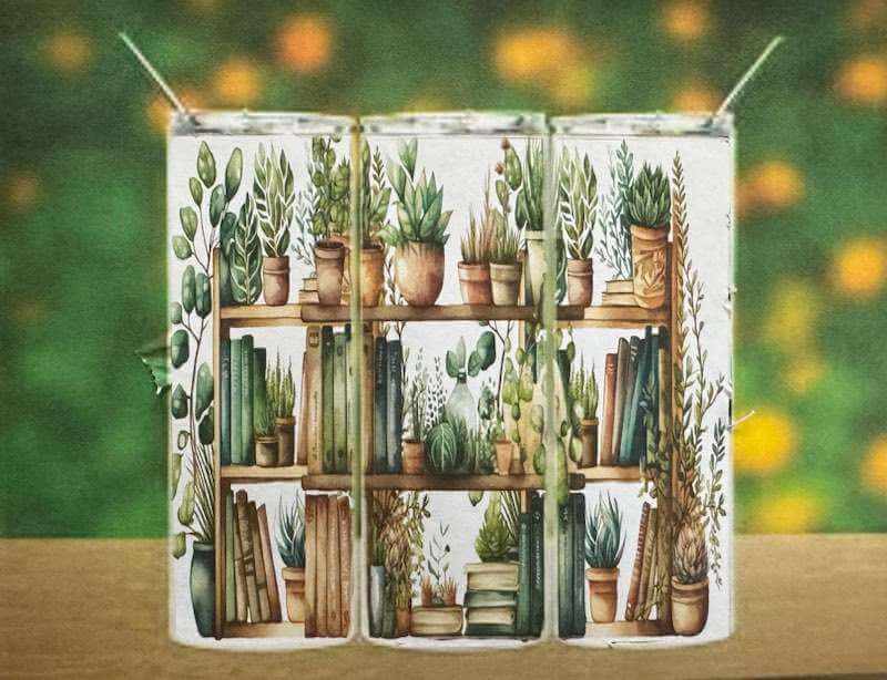 Double wall tumblers with succulent plant designs, stainless steel construction, and spill-resistant lids for hot and cold beverages.