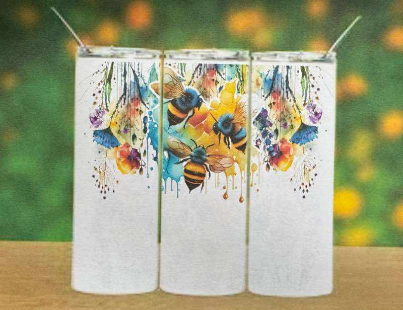 Double wall tumblers with bee and floral design, insulated stainless steel travel cups with spill-proof lids for hot and cold drinks