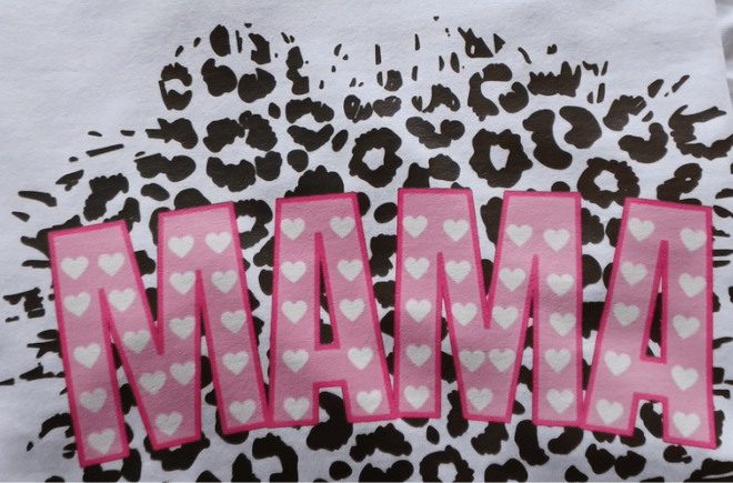 MAMA leopard print graphic tee with pink heart letters on white cotton long sleeve shirt