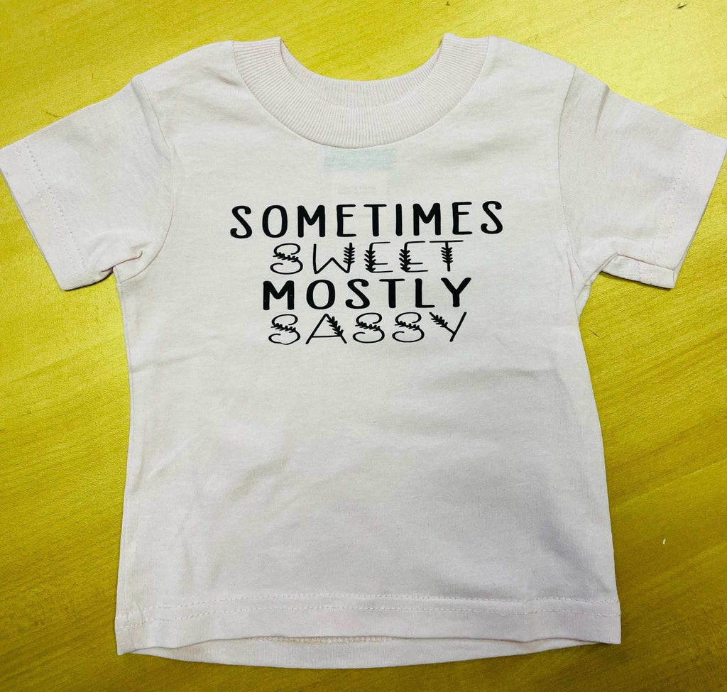 White toddler graphic tee-shirt with Sometimes Sweet Mostly Sassy text design