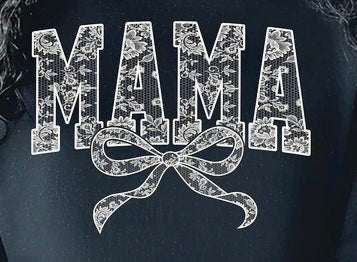 Black short sleeve graphic tee with delicate lace MAMA print and bow design
