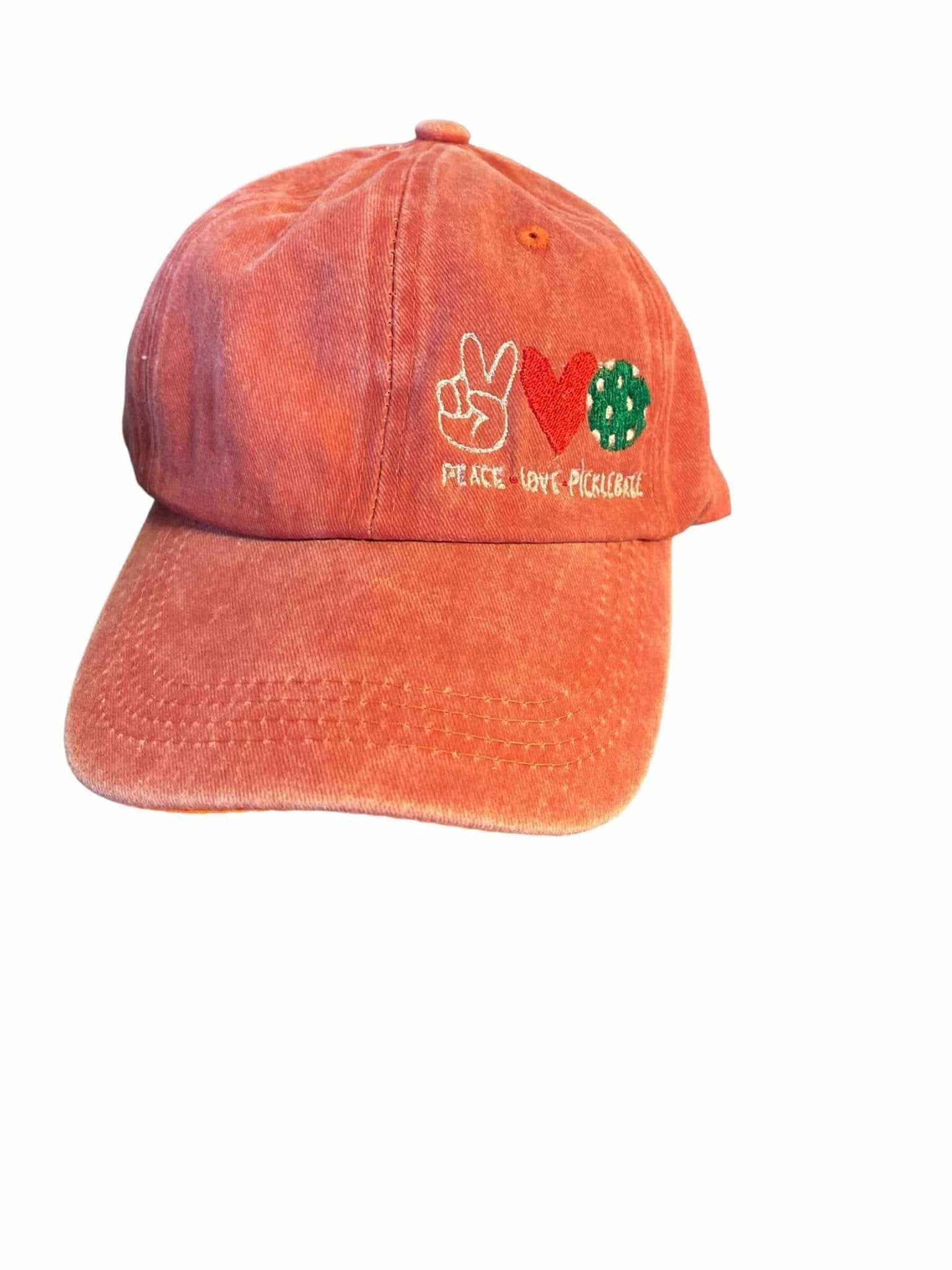 Orange embroidered pickleball hat with peace sign, heart, and pickleball design, featuring "Peace Love Pickleball" slogan