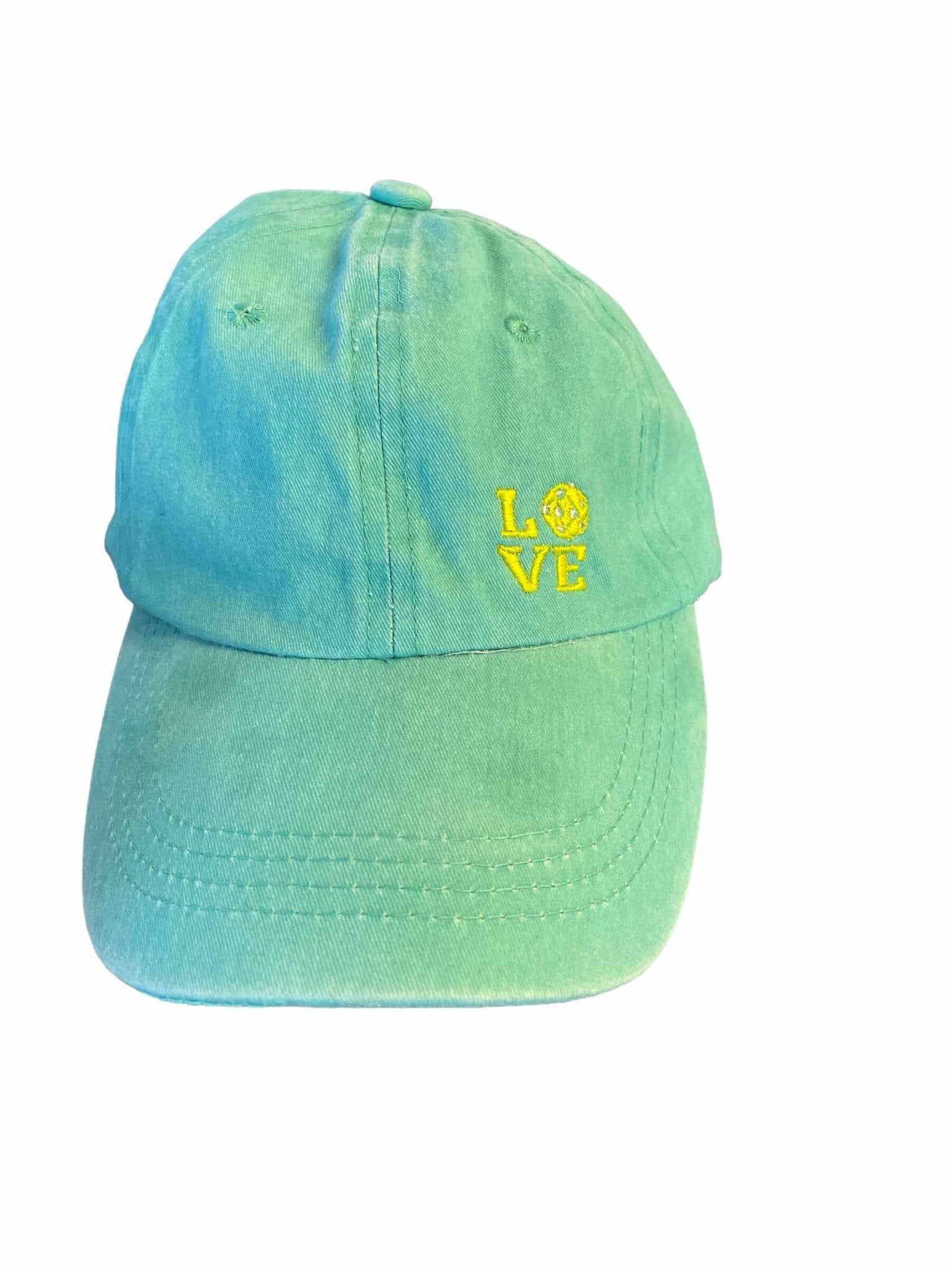 Green embroidered pickleball hat with yellow "LOVE" slogan and ball design