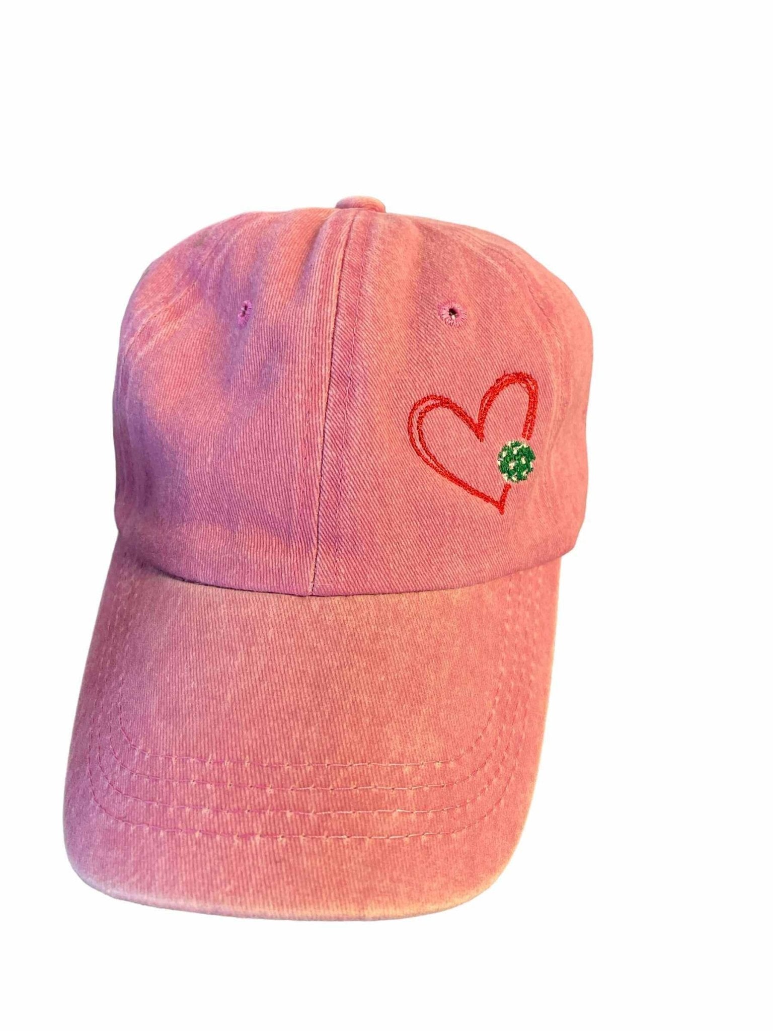 Pink embroidered pickleball hat with heart and ball design, one size, stylish and comfortable sports accessory