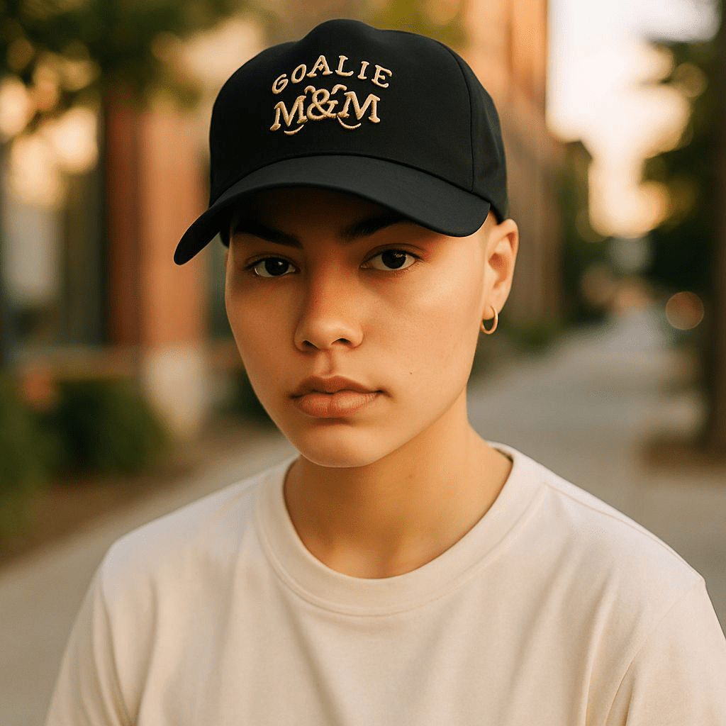 Black personalized Hockey Mom baseball hat with "Goalie M&M" embroidery worn by person