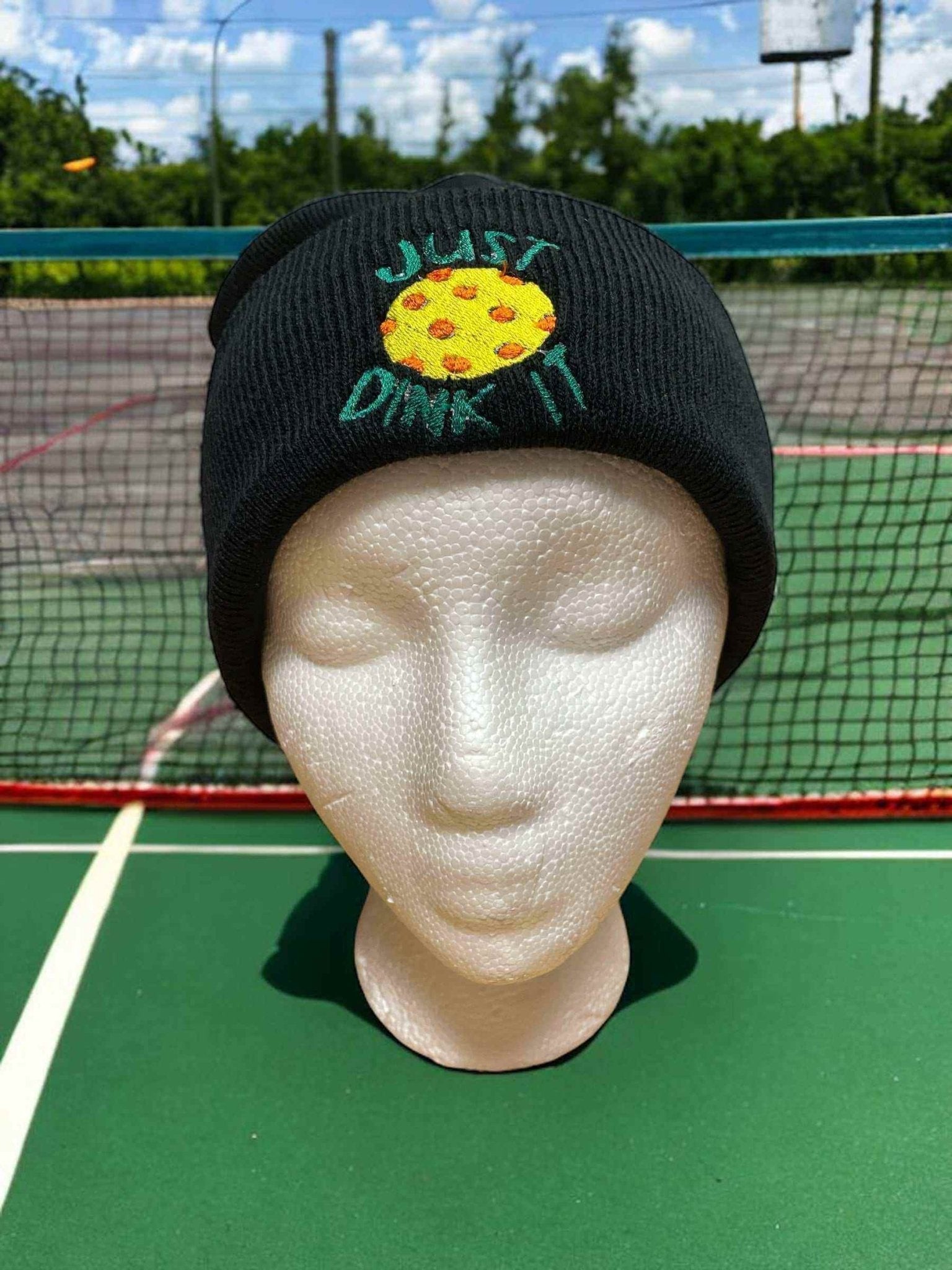 Black Beanie with "Just Dink It" embroidered logo on front, soft knit, one size, warm and stylish accessory