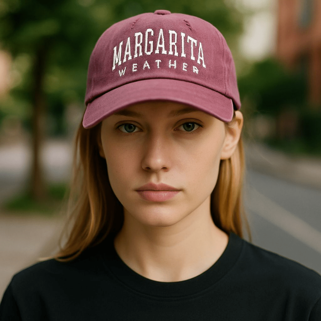 Margarita Weather cotton baseball cap worn by woman outdoors in pink shade