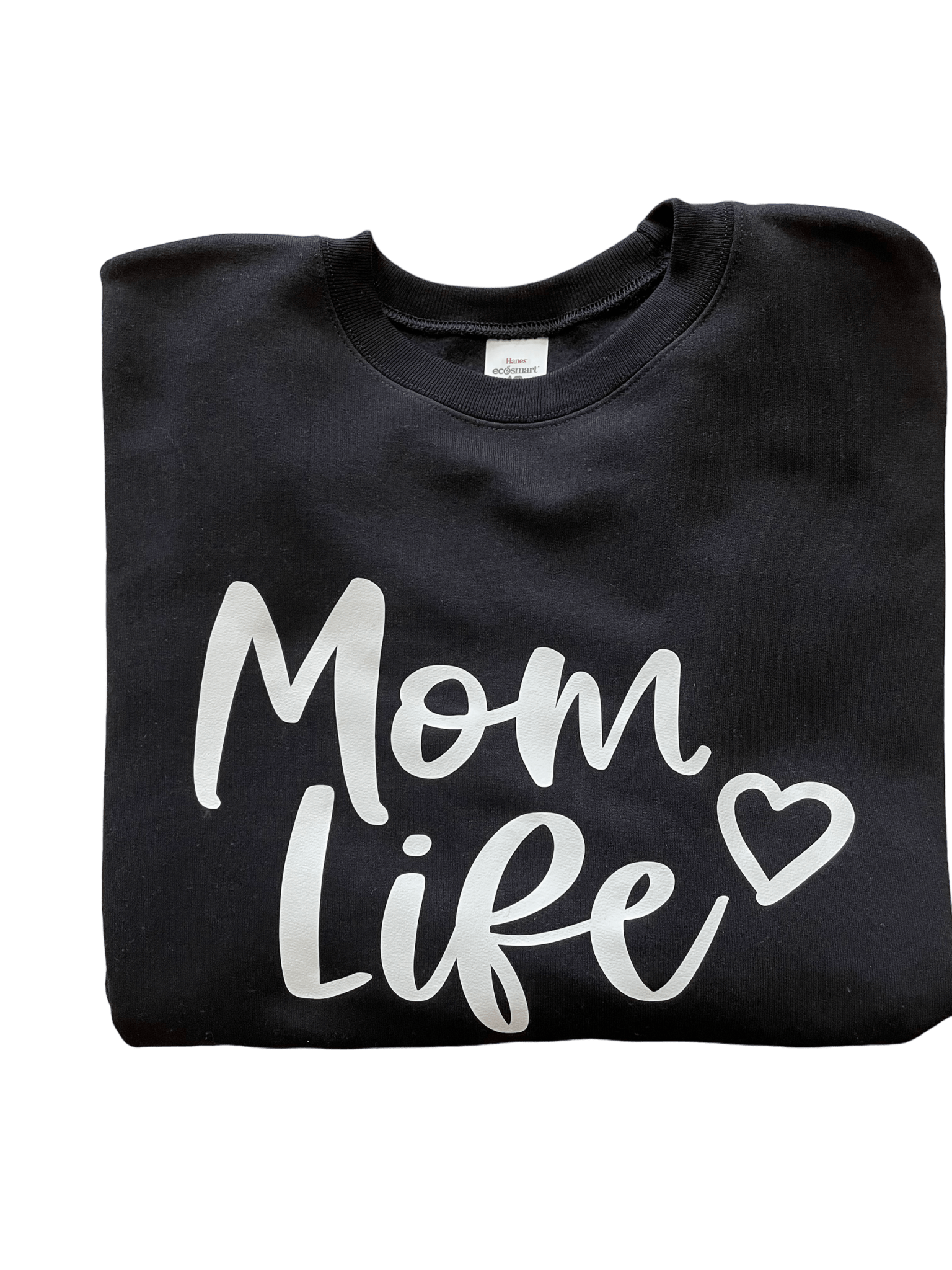 Black cotton crewneck sweatshirt with white "Mom Life" text and heart design