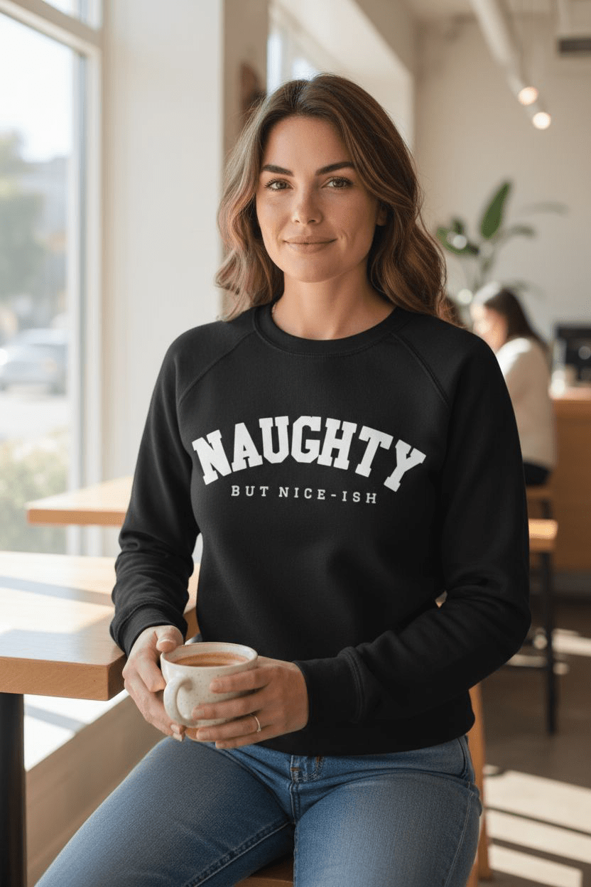 Woman wearing black Naughty But Nice-Ish Sweatshirt holding a coffee cup indoors