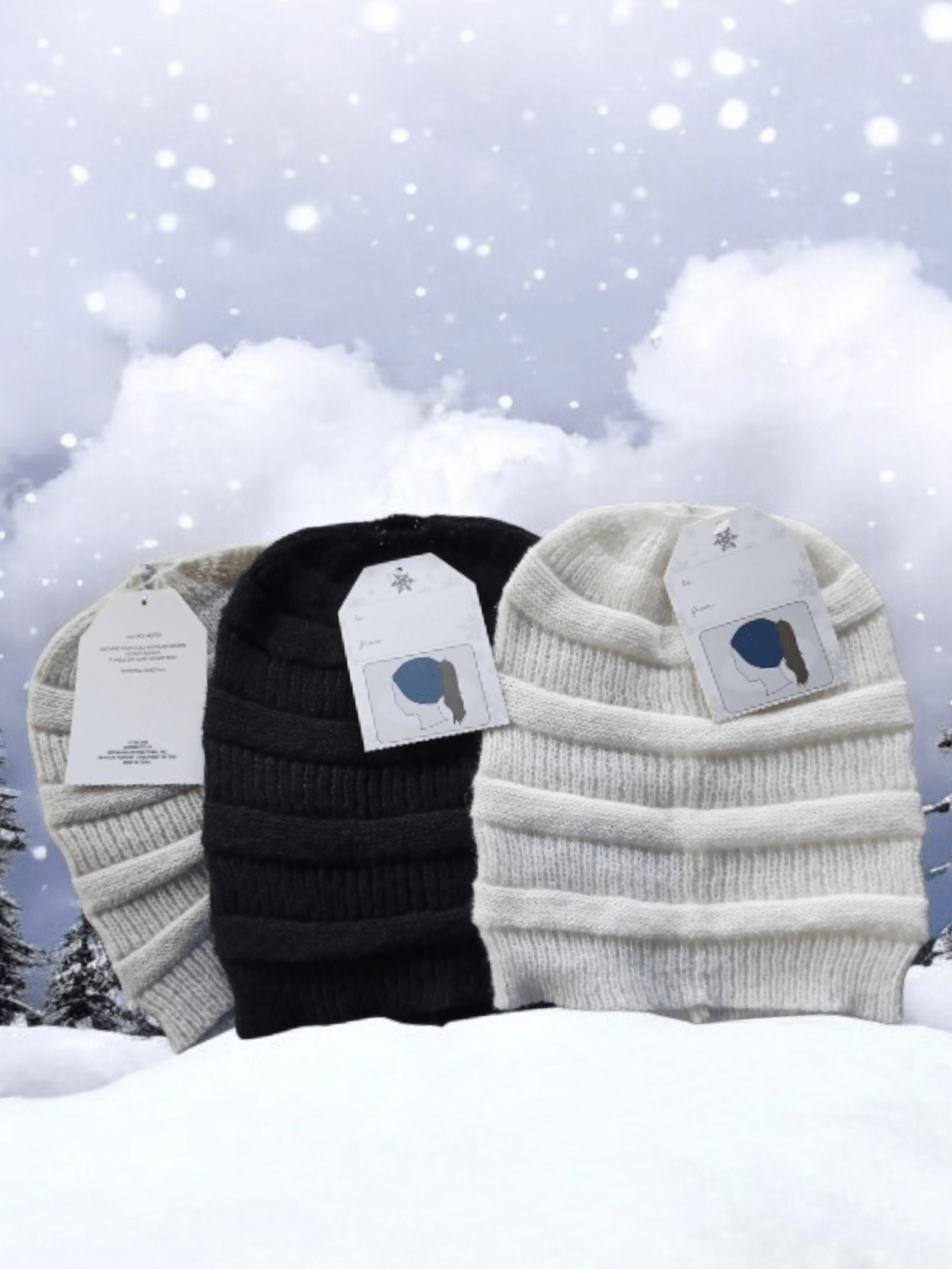 Warm soft acrylic ponytail hats with open top for hair, available in black, gray, and white colors