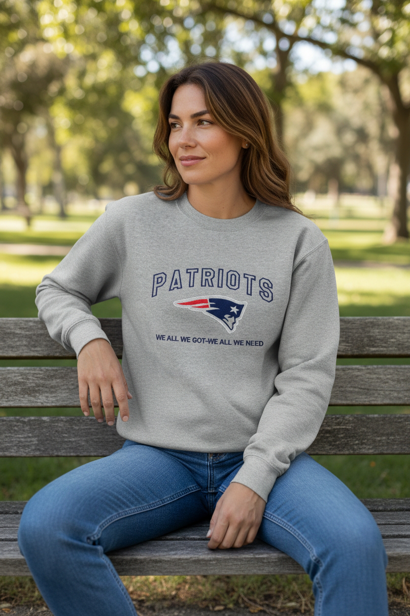 Patriots Grey Crewneck Sweatshirt with embroidered team unity slogan for comfort and warmth