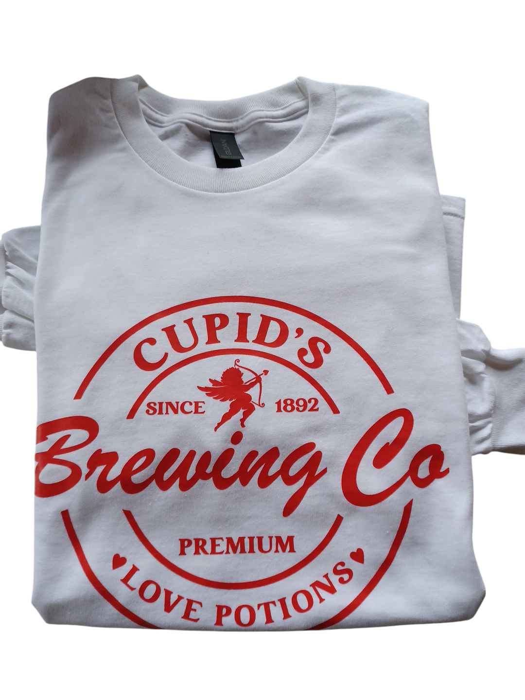 White long sleeve cotton teeshirt with red Cupid's Brewing Company logo and design