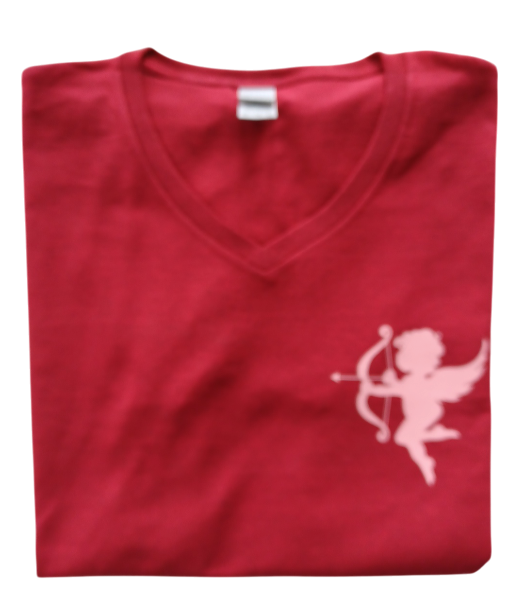 Red Cupid Short Sleeve Teeshirt in dark red cotton with Cupid logo and V-neck design