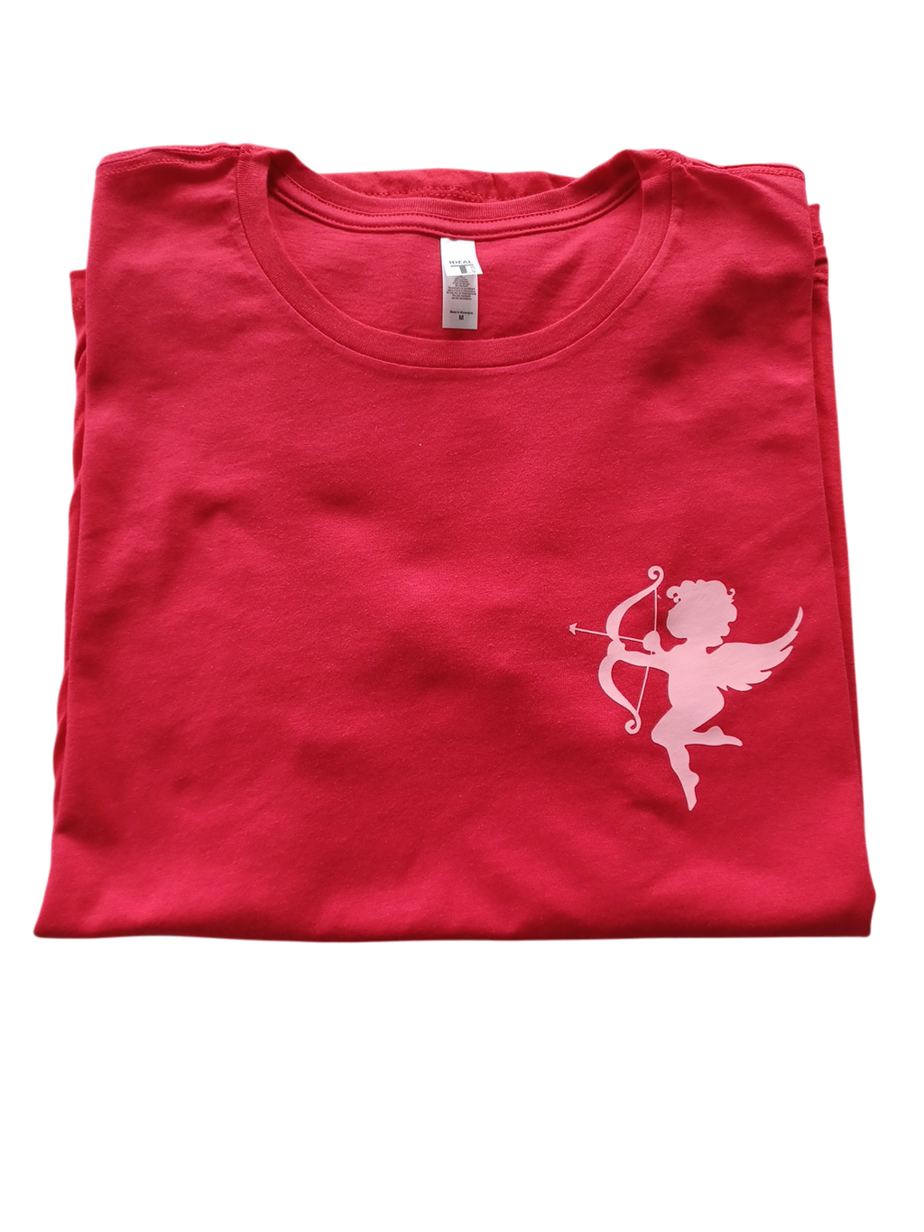 Red Valentine Cupid Teeshirt with white cupid graphic on vibrant red fabric