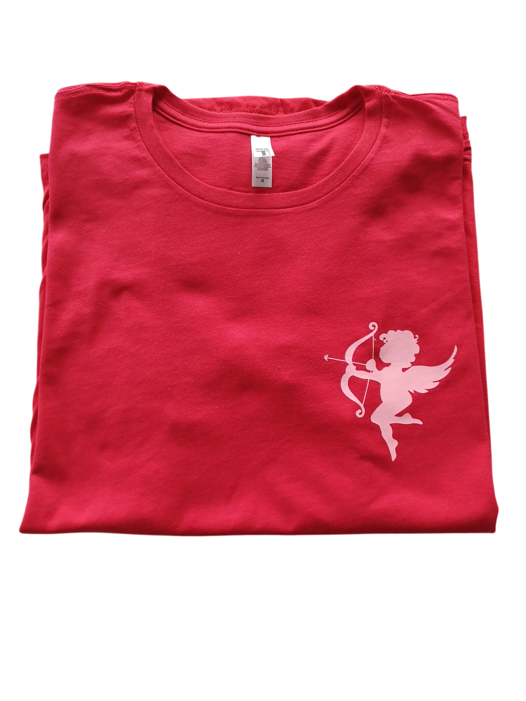 Red Valentine Cupid Teeshirt with white cupid graphic on vibrant red fabric