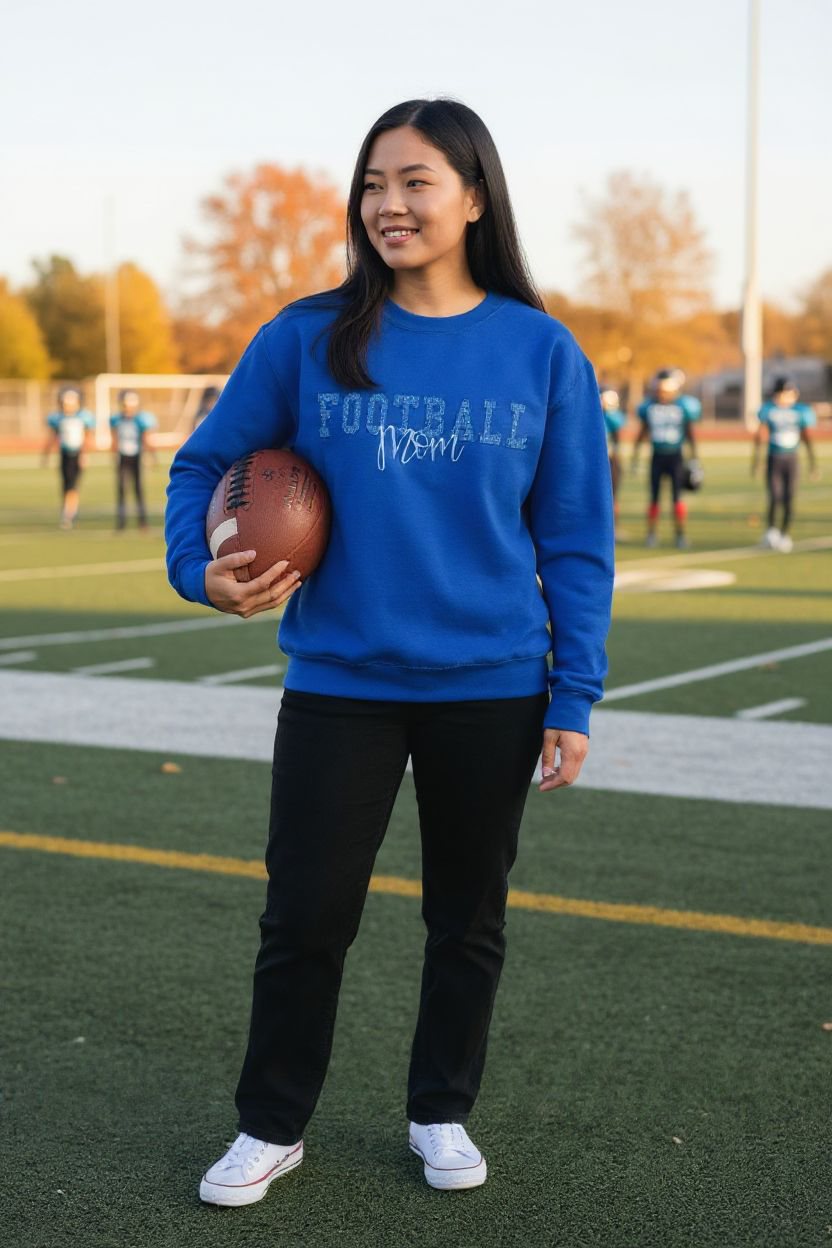 Sport mom's sweatshirts blue football mom crewneck worn by woman on football field