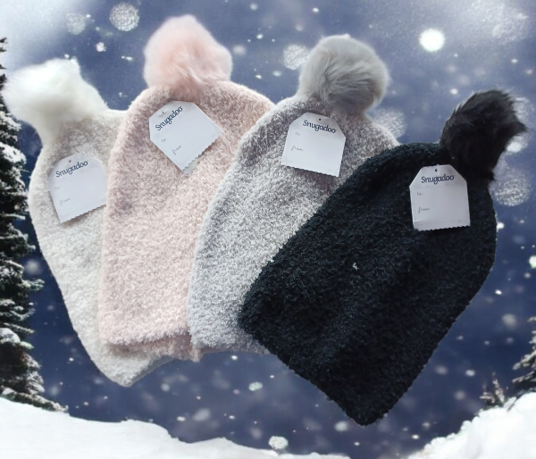 Cozy acrylic hat snuggle warm with pompom in white, pink, gray, and black colors for adults.