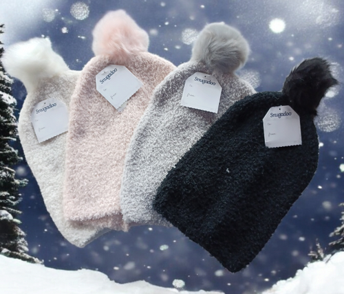 Cozy acrylic hat snuggle warm with pompom in white, pink, gray, and black colors for adults.