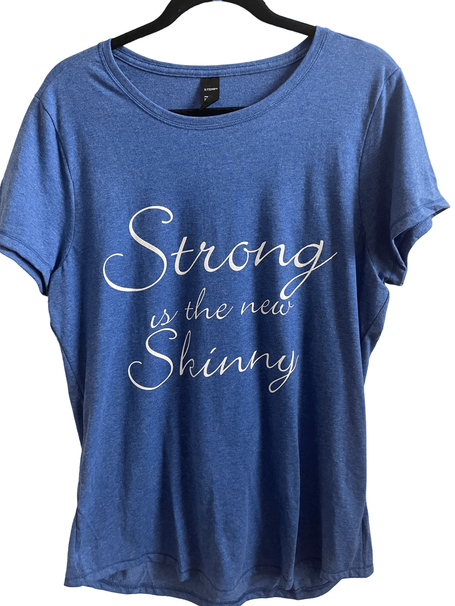 blue cotton t-shirt with "Strong is the new Skinny" slogan, short sleeve, casual tee