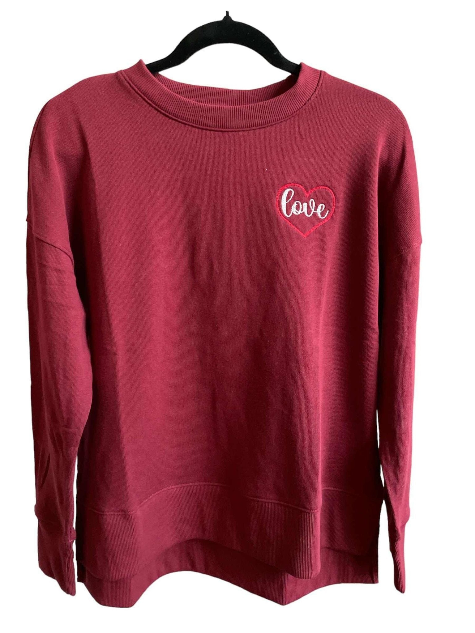 Deep red cotton sweater with embroidered heart and love logo on chest