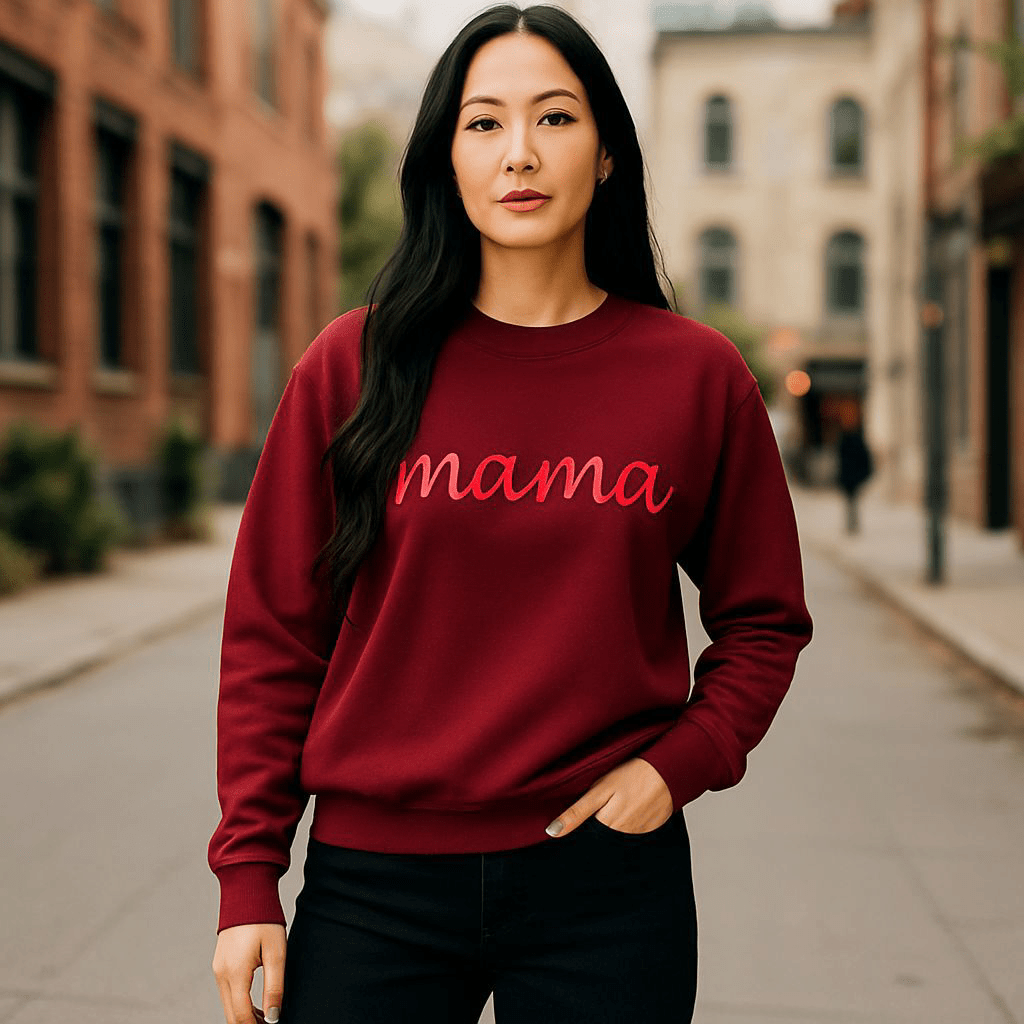 Woman wearing deep red relaxed fit cotton sweater with "mama" embroidery on the front outdoors